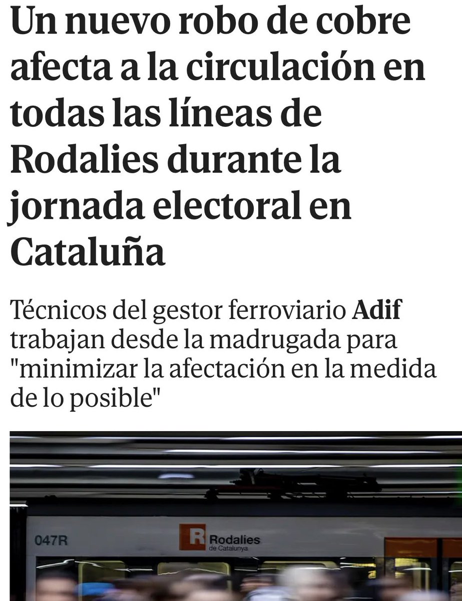 Cortes y problemas en los trenes de Rodalies en Cataluña, donde hoy se celebran las elecciones, “por un robo de cobre”. Adif informa de que sus técnicos trabajan para resolver la incidencia y “minimizar la afectación en la medida de lo posible”