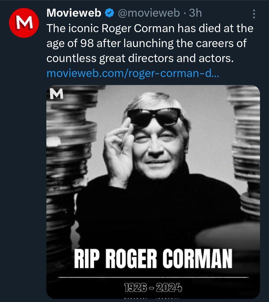 Quin llevar tan agredolç...Per una banda saber que s'estrenarà l'última de #Coppola, però a canvi perdre l'home que el va descobrir (a ell, a Scorsese, a James Cameron i un infinit etc...). Director i productor prolíficament extraordinari. Tindrà cicle homenatge. RIP #RogerCorman