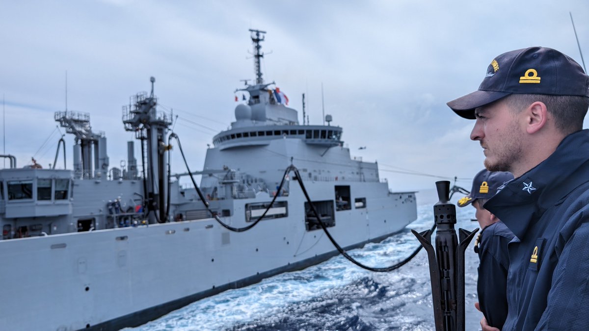 Units of the #EUROMARFOR Escort Group, #ITSCarabiniere and #NRPBartolomeuDias, refuel at sea with FS Jacques Chevalier for the highest level of interoperability. #MAREAPERTO24