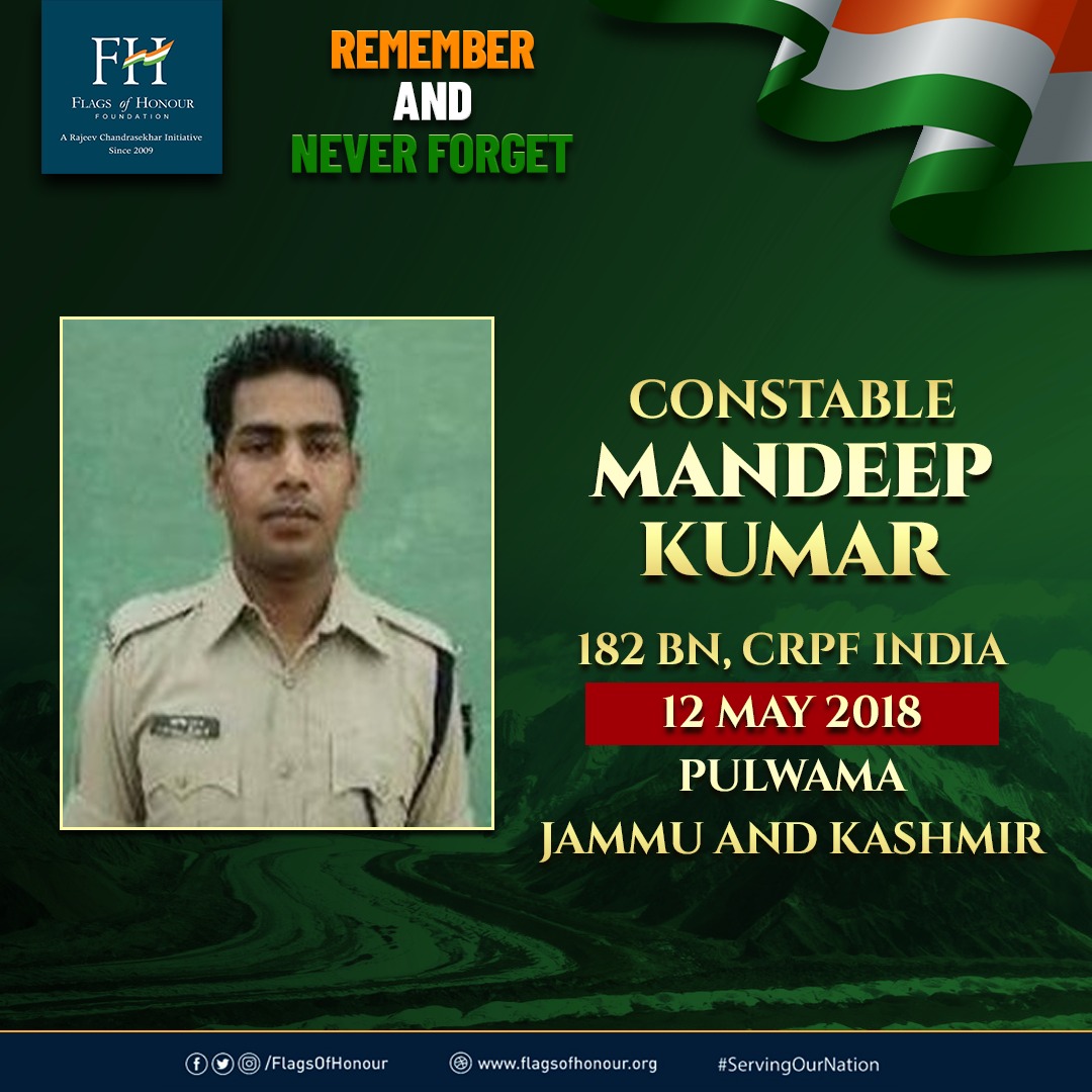 #OnThisDay 12 May in 2018, Braveheart Constable Mandeep Kumar, 182 BTN, @crpfindia, laid down his life fighting terrorists in Pulwama, J&K. #RememberAndNeverForget his supreme sacrifice #ServingOurNation