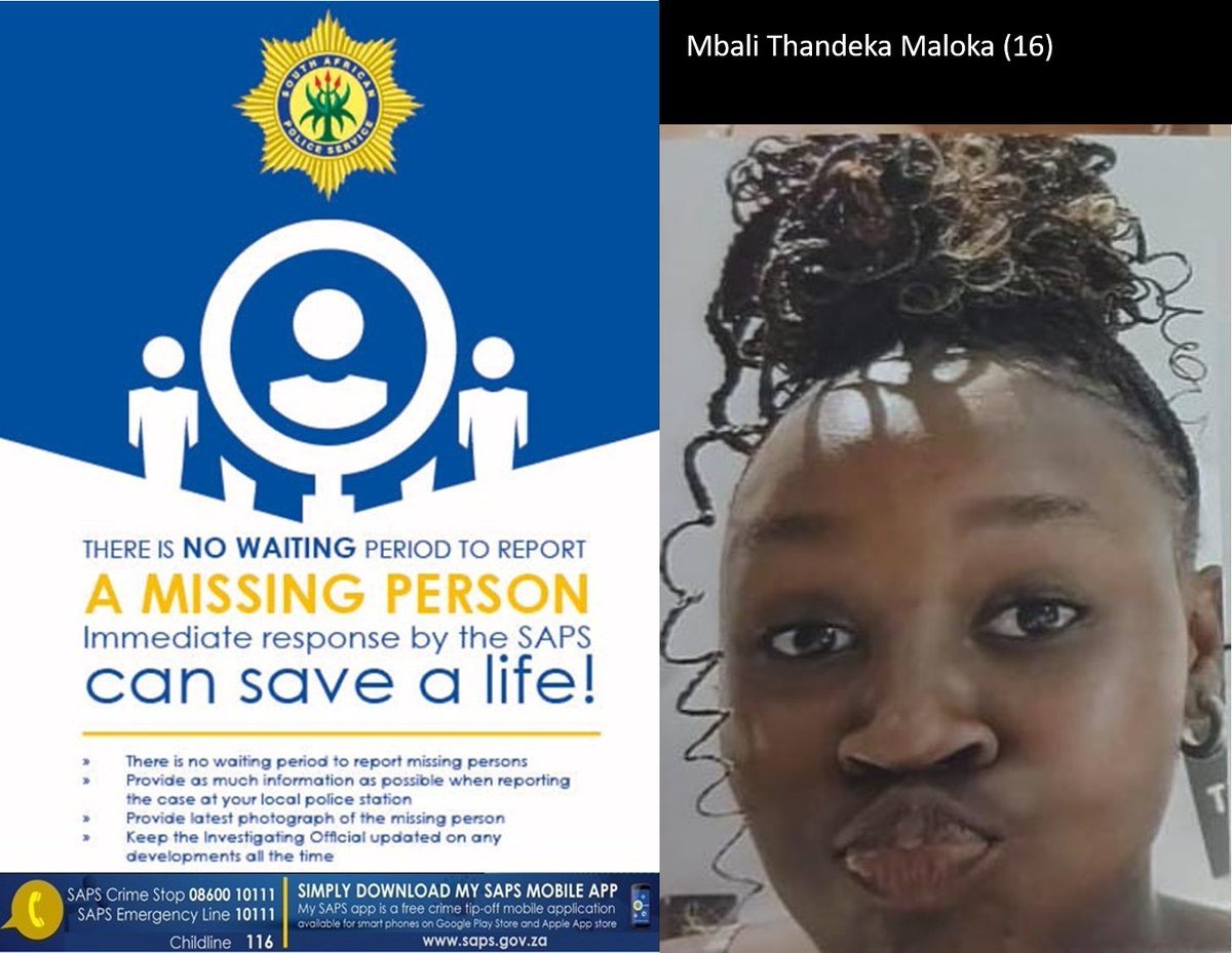 RT #sapsFS #SAPS Odendaalsrus seek public assistance in locating a #missing teen from Kutloanong, Mbali Thandeka Maloka, aged 16. She was reportedly last seen by her mother at their home in Kutloanong on 04/05 when Mbali left and has since not return. Info->D/Sgt Kankane Leshoro