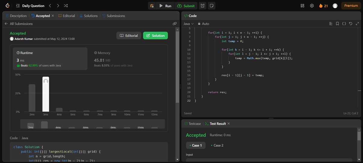 Adarsh Kumar (@AdarshKumar206) on Twitter photo 2024-05-12 07:34:18 Round 2 of #100DaysOfCode
Day 21 of #100DaysOfCode on #leetcode #DSA #LearnInPublic #buildinpublic #remote #Connect #java #remotejobs #remotework #100daysofcoding
Problem Number - 2373
Problem Statement - Largest Local Values in a Matrix Round 2 of #100DaysOfCode
Day 21 of #100DaysOfCode on #leetcode #DSA #LearnInPublic #buildinpublic #remote #Connect #java #remotejobs #remotework #100daysofcoding
Problem Number - 2373
Problem Statement - Largest Local Values in a Matrix