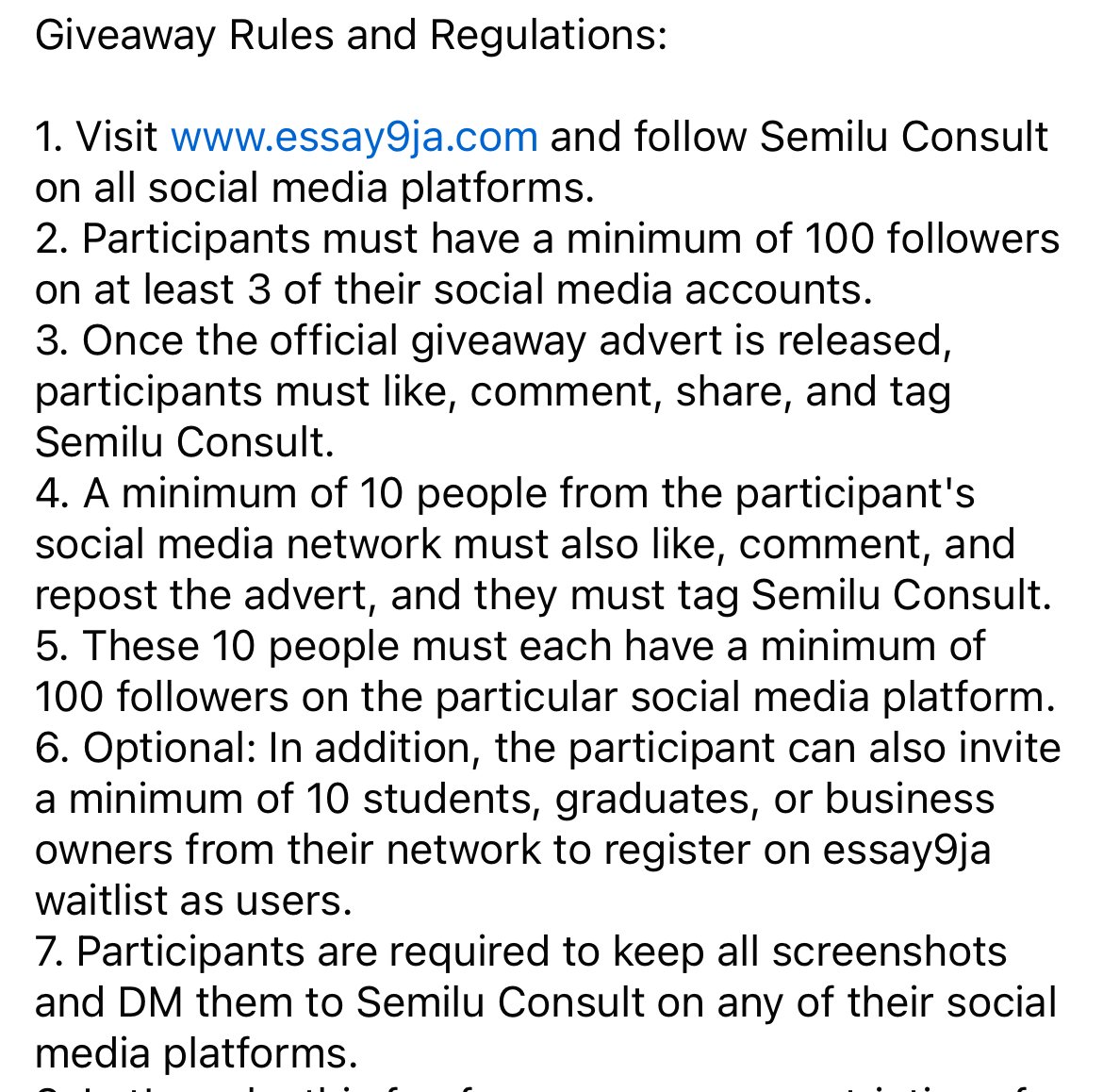 Hello people..Here comes a proper outline of the rules for the give away again…..I will only be blessing three winners here and the remaining two slot will be taken to Iflyer ….If you want to win again come with me to Iflyer as we will communicate the date for the interview