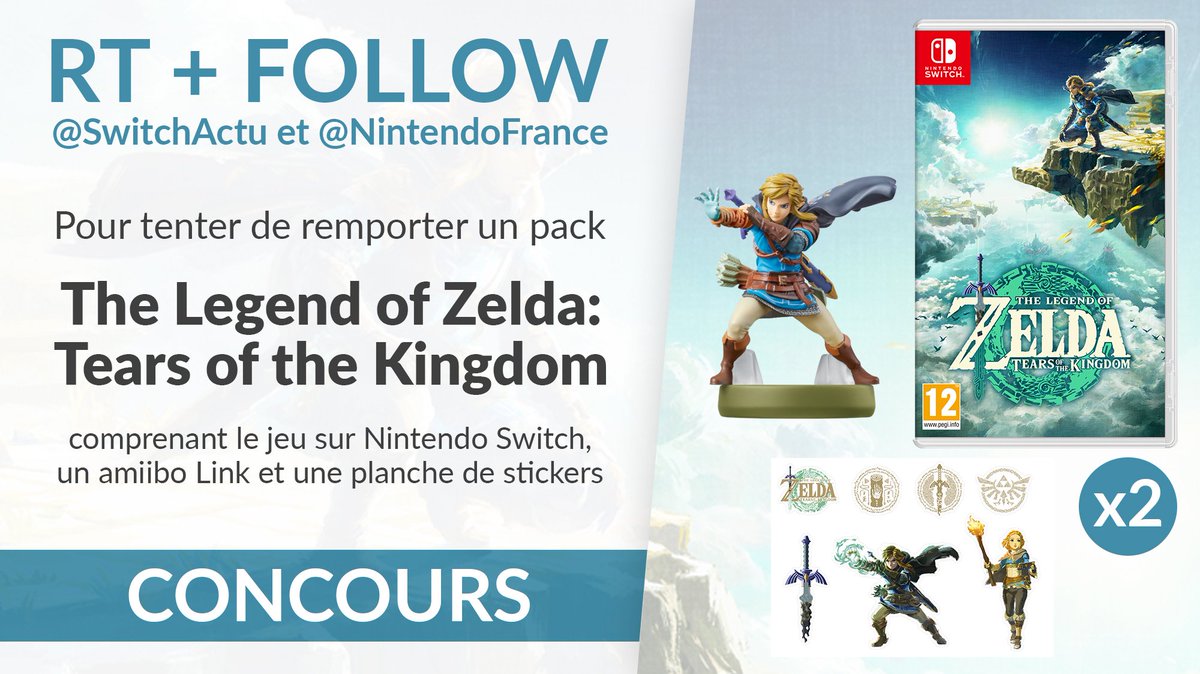 #CONCOURS - Pour fêter le premier anniversaire du titre, tente de remporter un pack The Legend of Zelda: #TearsOfTheKingdom comprenant le jeu, un amiibo Link et une planche de stickers ! Pour participer : 🔁 RT ce post 👉 Follow @SwitchActu et @NintendoFrance --- 🇫🇷 France