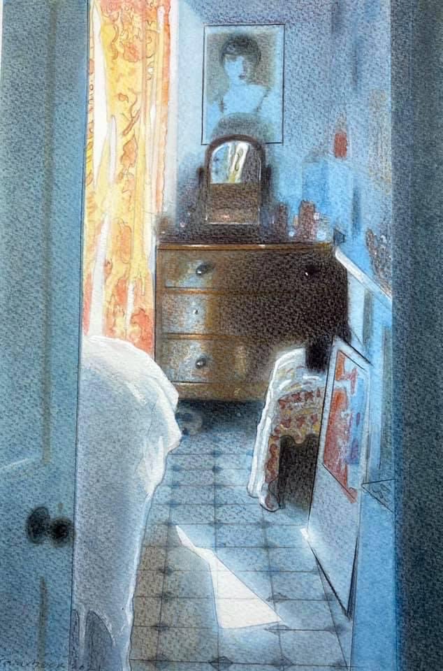 Morning Sunlight in the Bedroom St Margarets: watercolour from 2021