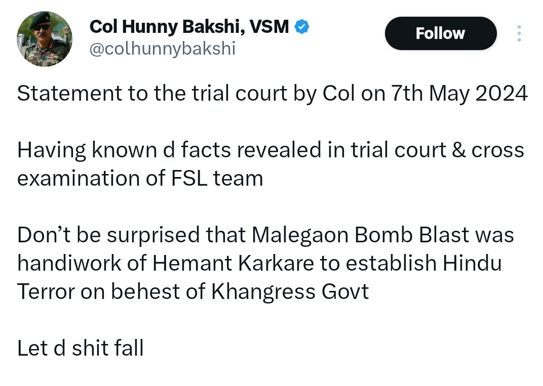 The shit is about to fall.. 

@colhunnybakshi leaks hints of involvement of Right wing Terror outfits in the assassination of Late Hemant Karkare Sahab on 26/11 to cover up their involvement in Malegaon bomb blast. 

Thank you for making this goof up colonel.