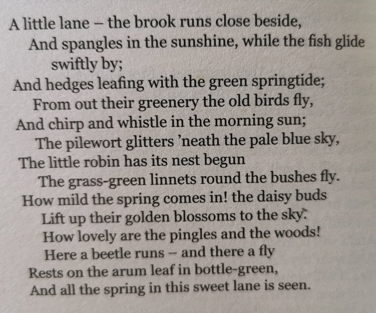 On a lane in spring by John Clare.
Written when the stream was not polluted, no flytipping, no strimmers, no chainsaws, no tractors with big slashers, no spraying and no plastic gardens!