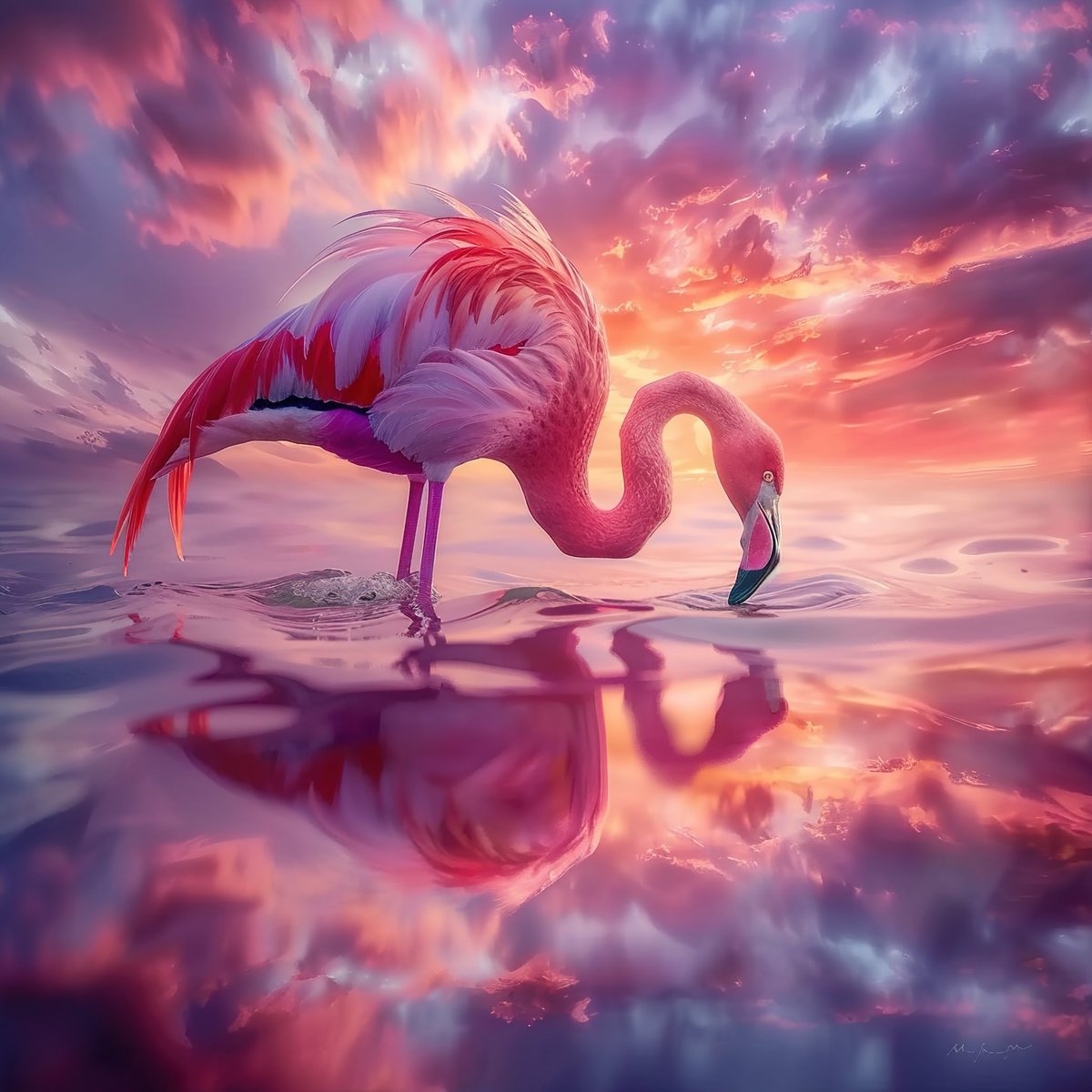 @HUAWEI_TECH4ALL The flamingo bathes in the golden glow of the sunset, its reflection shimmering on the colorful water, painting the beauty of nature, tranquil and dreamlike, a gentle tribute to the world.#tech4nature AI tools:midjourney author：DAHU