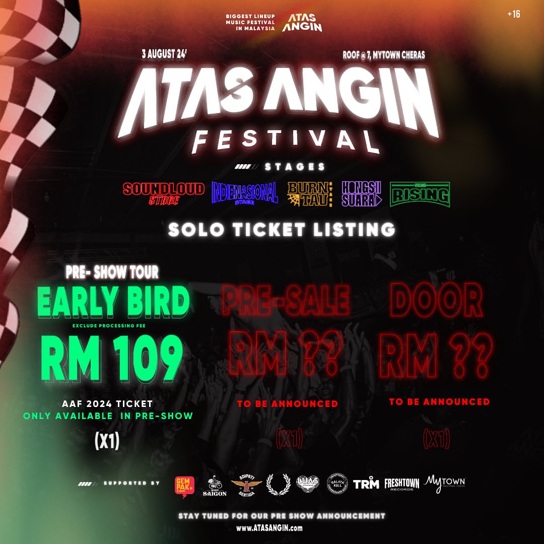 ATAS ANGIN FESTIVAL 2024

📅 3 August 2024
📍 Roof@7, MyTown Cheras

🎟️ RM109 (Early Bird)
🔗 atasangin.com