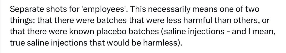 Day 97 post covid jab. AVers have been demanding I show my batch numbers to prove some weird gotcha they believe. Apparently “special batches” of vaccines were produced for Pfizer employees and there are only two possible reasons why (see below). Anyone want to think of more?