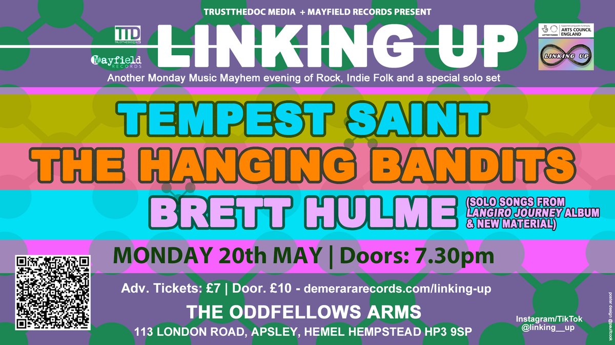 Only just over a week to this awesome gig Hemel area folks. A rare chance to hear #BrettHulme play a solo set of originals plus exciting Punk Metal and Indie Folk from #TempestSaint and @HangingBandits. Save £3 and buy now. demerararecords.com/linking-up Art & Design: @paulfcook