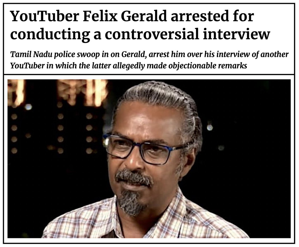 Tamil Nadu police tracked a Youtuber all the way to Noida and arrested him. They are now taking him back by train. His crime? He interviewed a man who apparently said something that someone found objectionable. Nothing to worry. Democracy is alive and kicking in Tamil Nadu.