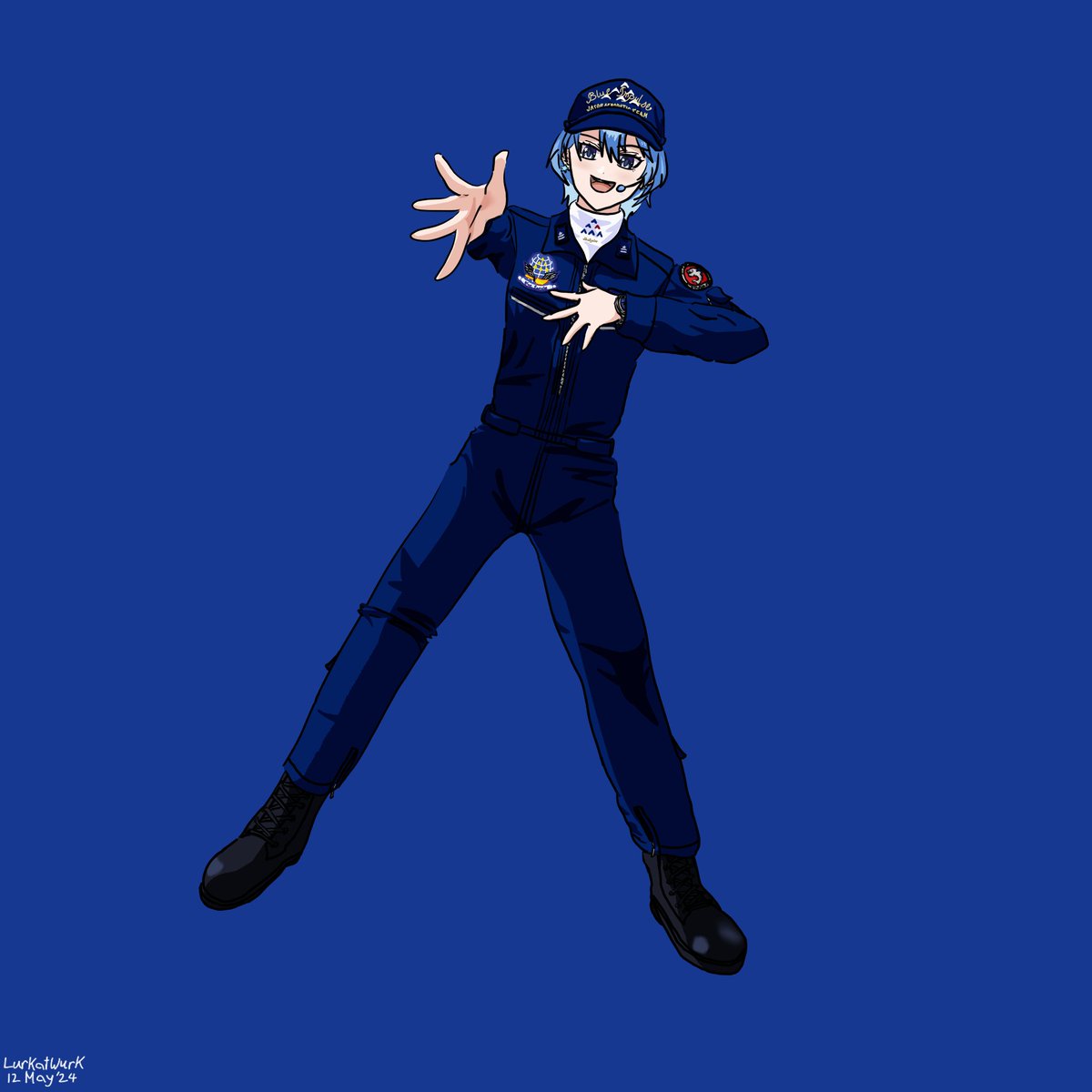 I drew Suisei performing while wearing the uniform of a Major in the Blue Impulse, the JASDF's premier aerobatic team.

You are now imagining the Blue Impulse doing a routine to the tune of 「Starry Jet」. You're welcome!

#ほしまちぎゃらりー
#ブルーインパルス