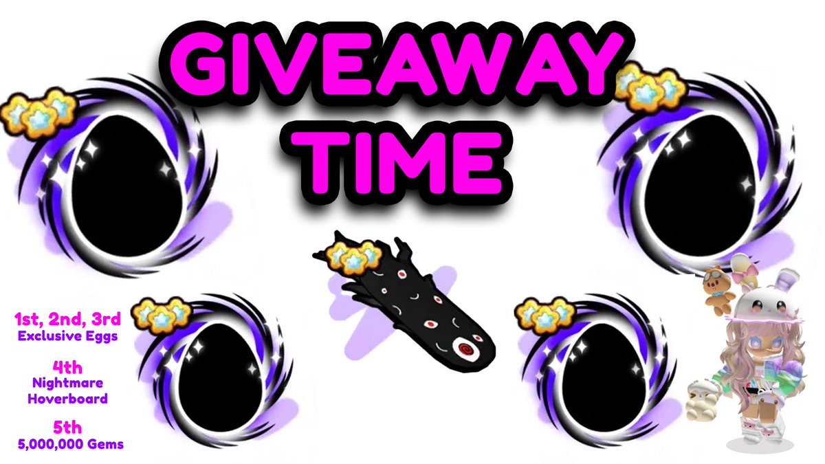 🎉Collab giveaway🎉

➡️1st~3rd winners is exclusive eggs
➡️4th winner Nightmare hoverboard 🏂
➡️5th winner 5M 💎

Rules:

➡️Must follow <a href="/mikolicious87/">Miranda ❤️</a> &amp; <a href="/alejaDev/">ale_.tap</a> 
➡️Like ❤️&amp;♻️ retweet
➡️write down ur user

This giveaway ends in 5 days. GL everyone 🍀

#ps99 #petsim99
