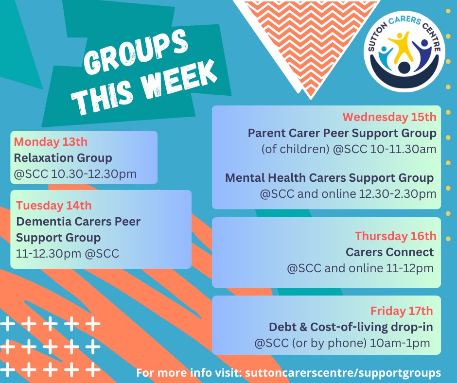 This week our #DementiaCarers group is in-person on Tuesday, & Wednesday hosts our #ParentCarers of children with #ASD #ADHD and other special needs at 10am, then over lunchtime join our #MentalHealth #unpaidCarers #SupportGroup online or at SCC. Questions? Get in touch! ☺️