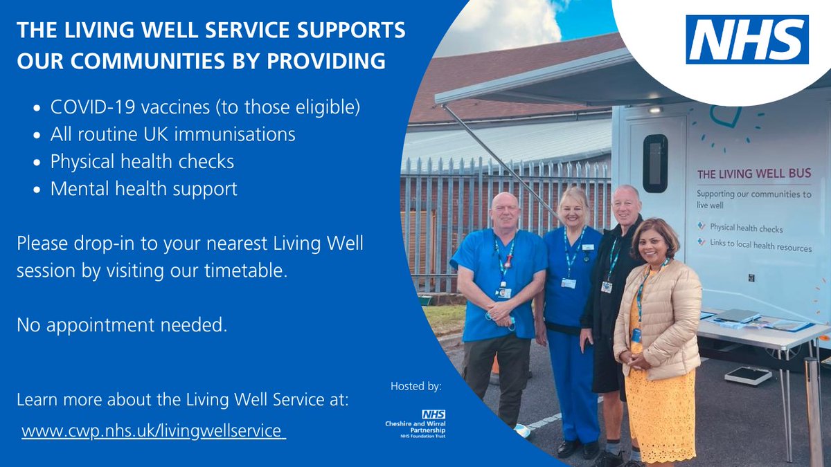 The Living Well Service is in locations across Cheshire and Merseyside this week! Please check the timetable here to see upcoming dates and locations ➡️ cwp.nhs.uk/livingwellserv…