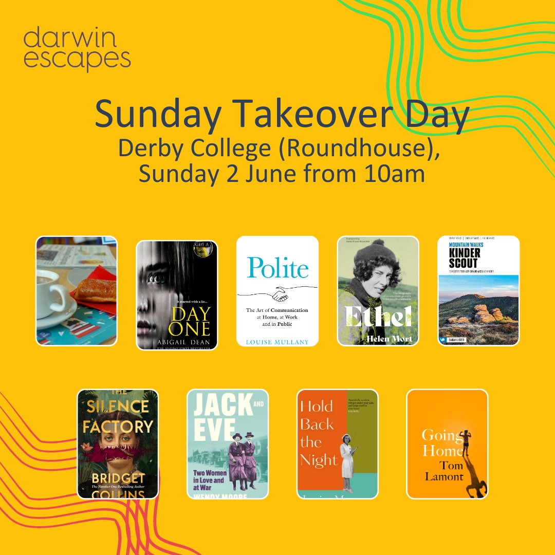 DerbyBookFest's tweet photo. It’s Sunday, which means there are three weeks exactly until our Sunday Takeover Day at Derby College! Here’s who you can see:  Abigail Dean / Louise Mullany / Helen Mort &amp; Sarah Lister / Bridget Collins / Wendy Moore / Jessica Moor &amp; Tom Lamont
#DBFSummer24 https://t.co/DgCwBcUX6Q