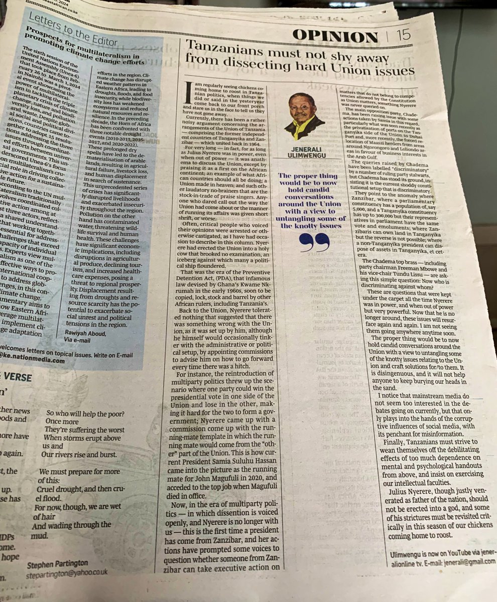 Interesting takes on the Tanganyika-Zanzibar Union at 60 by two of my favorite TEA columnists. While in parts of our @jumuiya (mostly liberation regimes) Mzee Nyerere enjoys the rarefied company of philosopher kings, in his own TZ his legacy is being questioned…or so it seems!