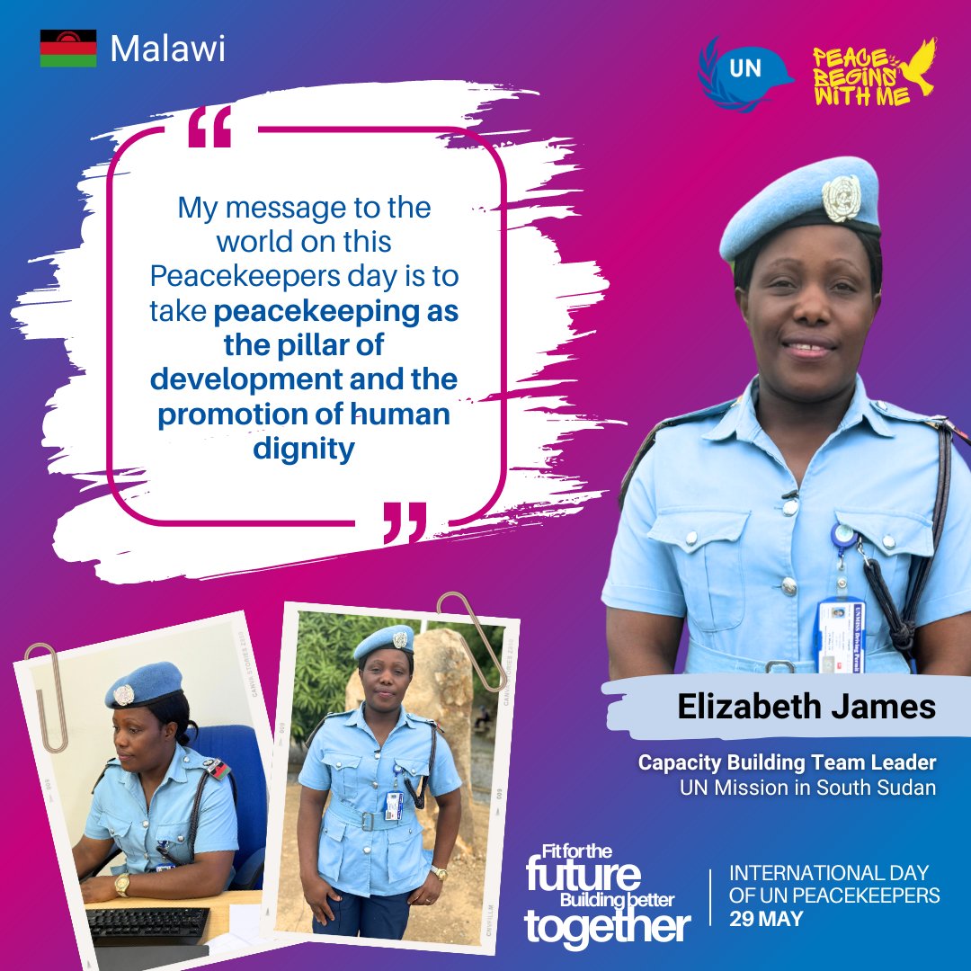 Meet Elizabeth James 🇲🇼, an @UNPOL Capacity Building Team Leader serving with @unmissmedia. By providing training to the National Police Service, she helps build their skills and expertise on community policing activities. Here is her message for this year's #PKDay 👇