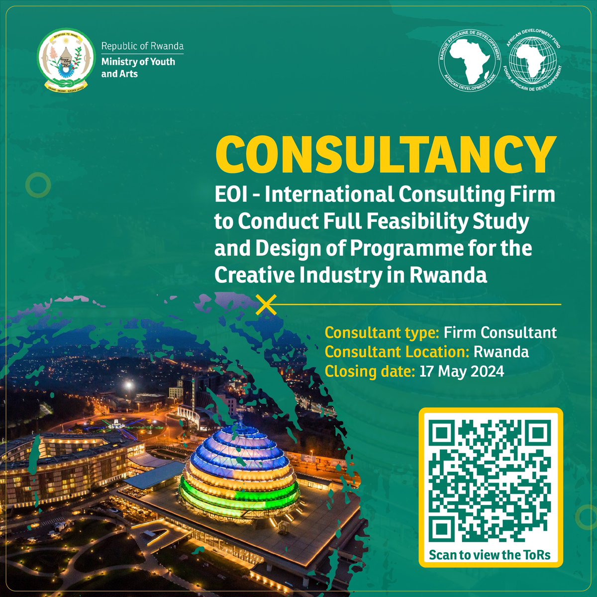 🚨The Ministry of Youth and Arts in collaboration with @AfDB_Group is seeking an international consulting firm to conduct a full feasibility study and design a programme for the creative industry in Rwanda. ►Scan the QR code to view the ToRs. ►The link: bit.ly/3WwPmVq