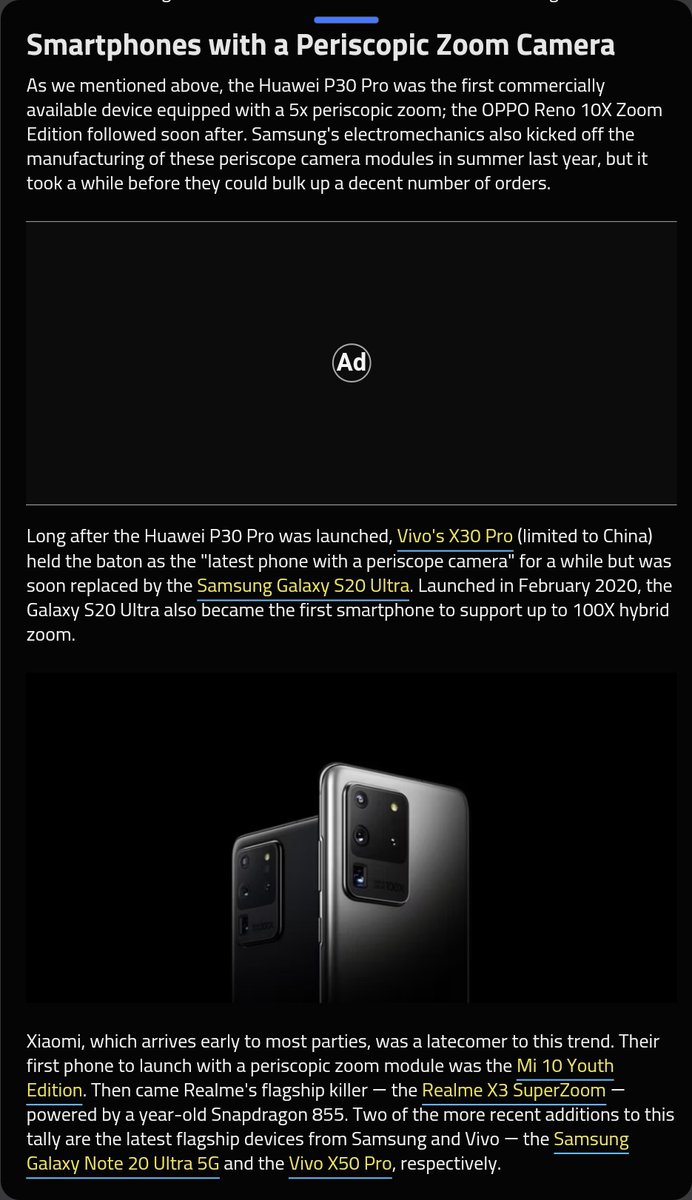 世界初のペリスコ搭載スマホがHUAWEI P30 Pro, その後OPPOやvivoが続いたという話が。Samsung Galaxy S20 Ultraが世界初の100倍zoom対応で、やっぱりここを極大に望遠性能の向上率は落ちていったんだなと感じる。