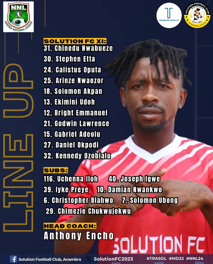 Here is our starting XI for the clash against @TradesafeSport FC here at the Mobolaji Johnson Stadium Arena, Onikan, Lagos State.

#TRASOL #MD22 #NNL24