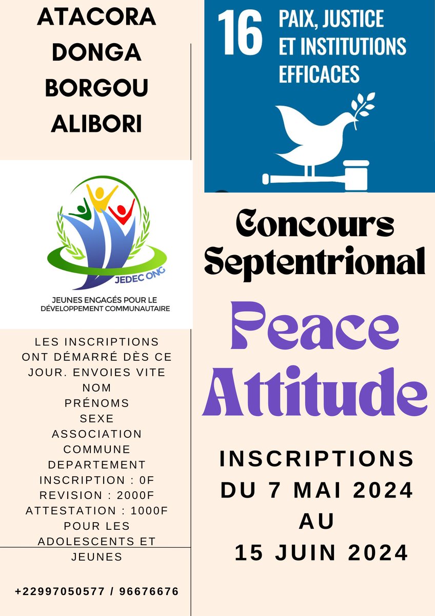 Concours PEACE ATTITUDE
Laïma Aliou , Ambassadeur #IEP , U-Report Djougou
La #paix ne se limite pas à l'absence de conflits, mais à la façon dont nous réagissons face à eux.
Restons engagés pour le règlement des conflits à travers le dialogue constructif.
Au 97 05 05 77 /96676676