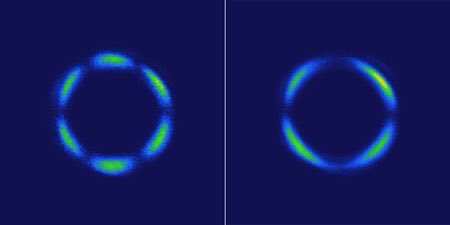 These images show light patterns generated by a rhenium-based crystal using a laser method called optical second-harmonic rotational anisotropy. At left, the pattern comes from the atomic lattice of the crystal.