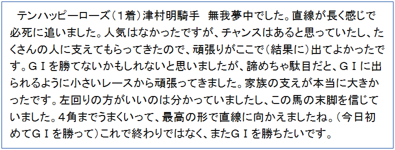 デビュー21年目、涙と笑顔の初ＧⅠ 🎉#津村明秀 騎手 「たくさんの人に支えてもらってきたので、頑張りがここで(結果に)出てよかったです。ＧⅠを勝てないかもしれないと思いましたが、諦めちゃ駄目だと、ＧⅠに出られるように小さいレースから頑張ってきました。家族の支えが本当に大きかったです」