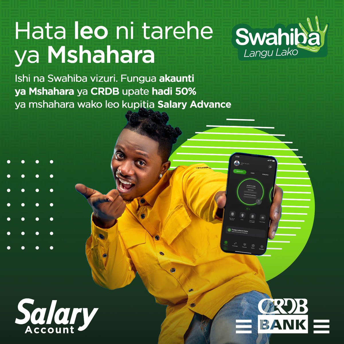 Salary account ndio msaada kwako uwe Mtanzania ama Mgeni unayefanya kazi Tanzania.

Ukikwama katikati unavuta Salary Advance Hadi 50% ya mshahara wako hakuna kuomba Wana tena Hela ooh nikilipwa nakurejeshea.
Unaweza kopa Hadi 200 m usikae kinyonge.

#SwahibaLanguLako