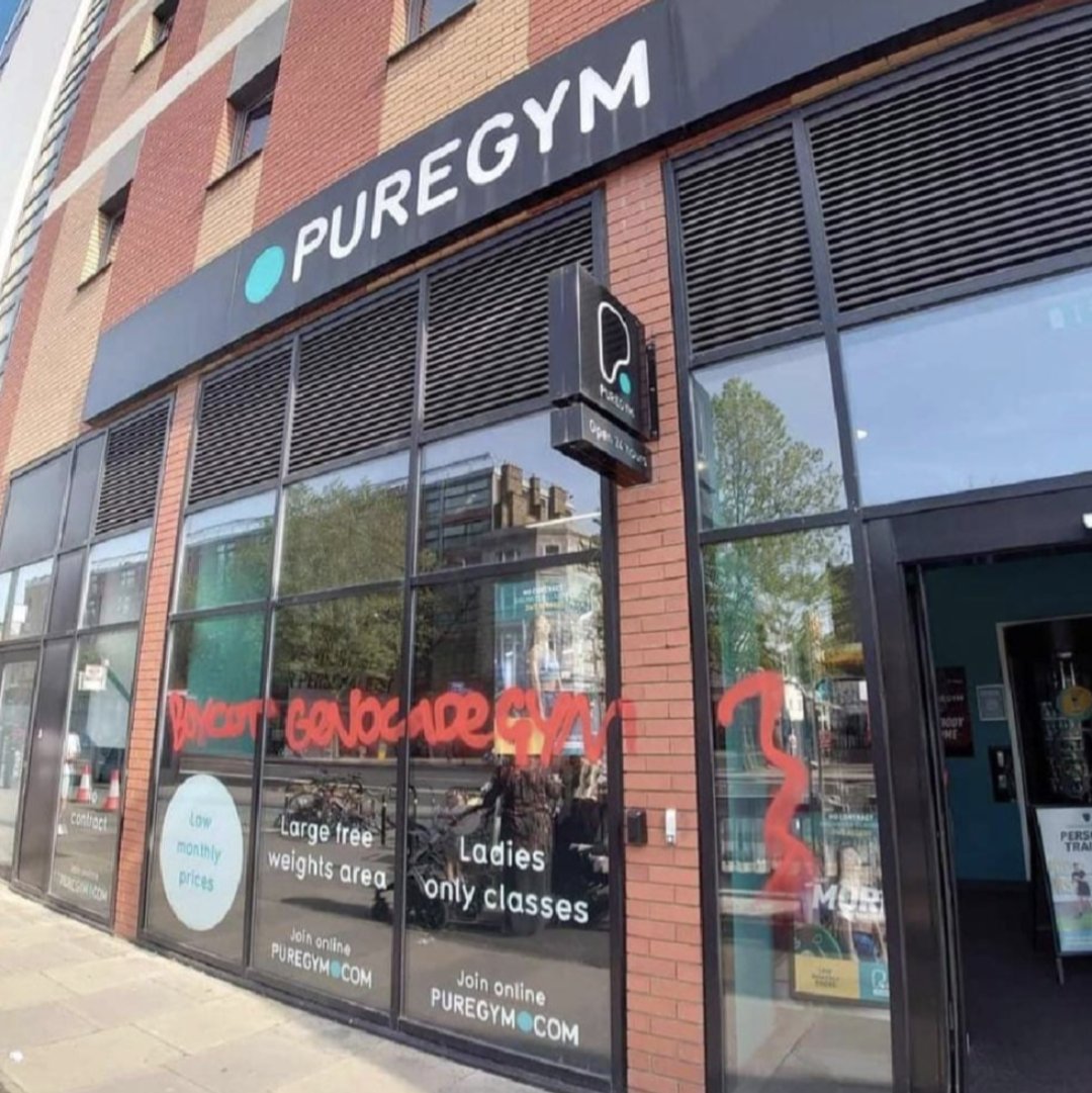 A branch of PureGym in Whitechapel, east London, has been daubed with red paint reading 'Boycott genocide gym.'

This comes after the firm's CEO expressed support for Israel on BBC Question Time on Thursday.