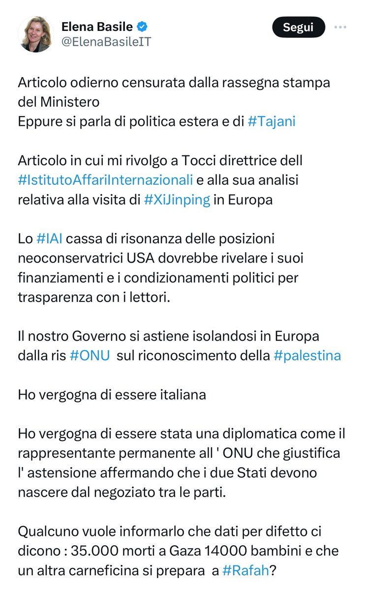 Gentile ex (quasi) ambasciatrice @ElenaBasileIT, continuo a rimanere estasiato dalla tenacia con la quale ripropone i suoi settimanali sermoni, tutti puntualmente pervasi da una (il)logica propagandistica, di certo degna, lo ammetto, del giornale che li pubblica. Leggo ad