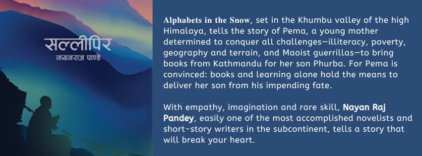 Anurag Basnet (@anuragbasnet82) on Twitter photo I am thrilled to share that 𝐀𝐥𝐩𝐡𝐚𝐛𝐞𝐭𝐬 𝐢𝐧 𝐭𝐡𝐞 𝐒𝐧𝐨𝐰, my translation of <a href="/NayanRajPandey/">नयनराज पाण्डे</a>'s moving novel 𝐒𝐚𝐥𝐥𝐢𝐩𝐢𝐫, will be published later this year by <a href="/AjitBaral/">Ajit Baral</a> at <a href="/fineprintbooks/">FinePrint</a>, Nepal. I am thrilled to share that 𝐀𝐥𝐩𝐡𝐚𝐛𝐞𝐭𝐬 𝐢𝐧 𝐭𝐡𝐞 𝐒𝐧𝐨𝐰, my translation of <a href="/NayanRajPandey/">नयनराज पाण्डे</a>'s moving novel 𝐒𝐚𝐥𝐥𝐢𝐩𝐢𝐫, will be published later this year by <a href="/AjitBaral/">Ajit Baral</a> at <a href="/fineprintbooks/">FinePrint</a>, Nepal.