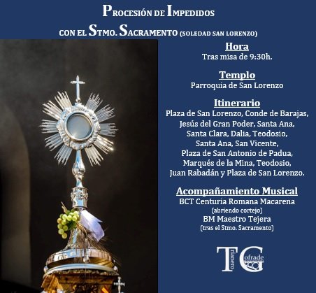 📆 #AgendaTC | Hoy procesión de impedidos con el Stmo. Sacramento de la @SoledadSLorenzo. ⛪ @PqSanLorenzo 🕤 Tras misa de 9:30h. 🥁 @MaestroTejera #SacramentalesSevilla24 #TDSCofrade #TrianeroCofrade