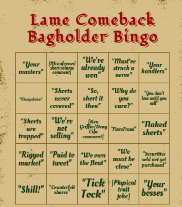 Who's going to be the first to get Bingo... or better yet, fill up their entire card? $BBBYQ $MMTLP $MMAT $DJT $AMC $GME $GTII $FNGR $BBIG $MCOM $GNS $NWBO $CEI