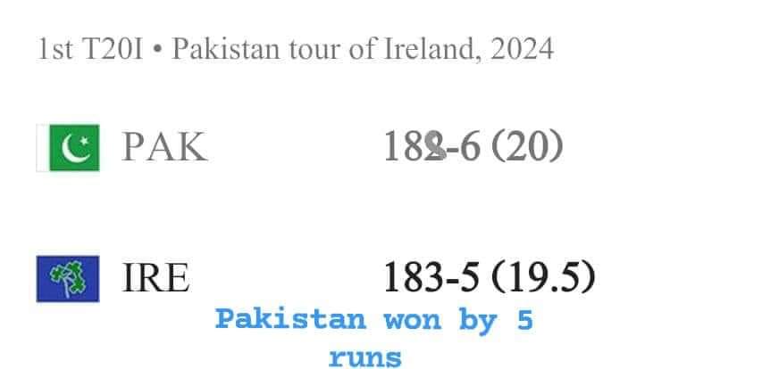 پاکستان نے ائیرلینڈ کو پانچ رنز سے شکست دے دی فارم 47 کے مطابق میچ کا سرکاری رزلٹ جاری 😅😅