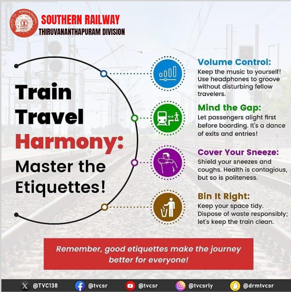 Promote a pleasant train journey by following these fundamental etiquettes. #TrainManners #TravelRespectfully #SouthernRailway #TravelAdvice