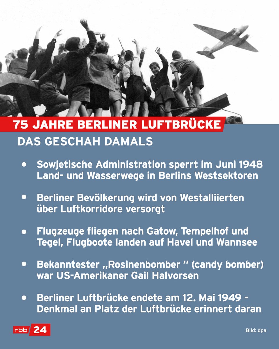 Vor 75 Jahren endete die Berliner Luftbrücke - auch #Berlin-Blockade genannt. Berlins Westsektoren wurden monatelang per Flugzeug von den 'Rosinenbombern' mit Lebensmitteln und Kohle versorgt. rbburl.de/75jahreluftbru…