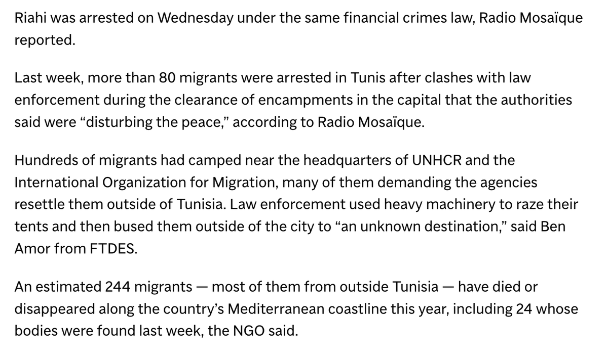 In Tunisia, where the EU has done 'a deal worth more than 1 billion euros ($1.1 billion) that included assistance to better police the border and prevent migrants… from reaching Europe.' apnews.com/article/tunisi…