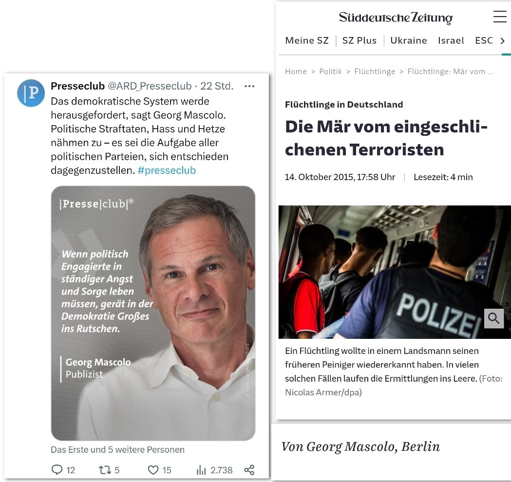 Der Publizist, der heute im #Presseclub über politische Straftaten diskutiert, veröffentlichte den Artikel 'Flüchtlinge in Deutschland - Die Mär vom eingeschlichenen Terroristen'. #ReformOerr #OerrBlog