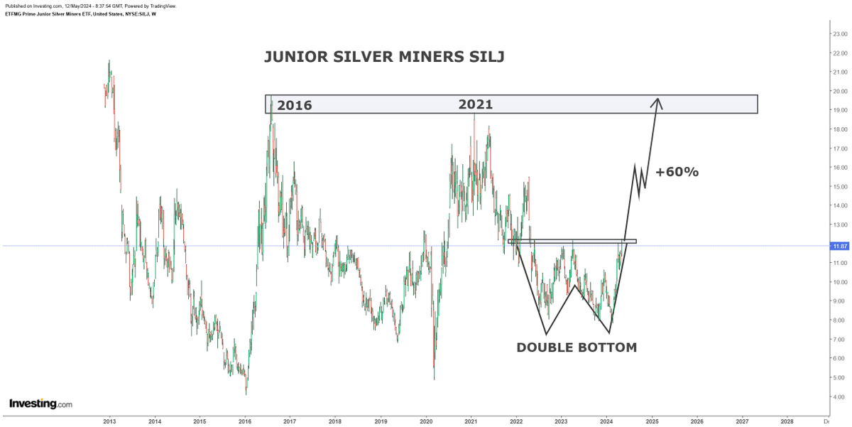 During 2022 and 2023 Junior Silver Miners SILJ was putting in place a giant double bottom. Legitimate breakout above $12 mark should push SILJ first to $15 and then to $20 mark. I expect SILJ to reach $20 mark by 3rd quarter of 2024...