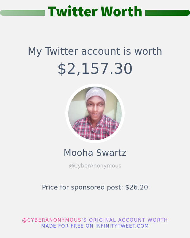 My Twitter worth is: $2,157.30 ➡️ infinitytweet.me/account-worth