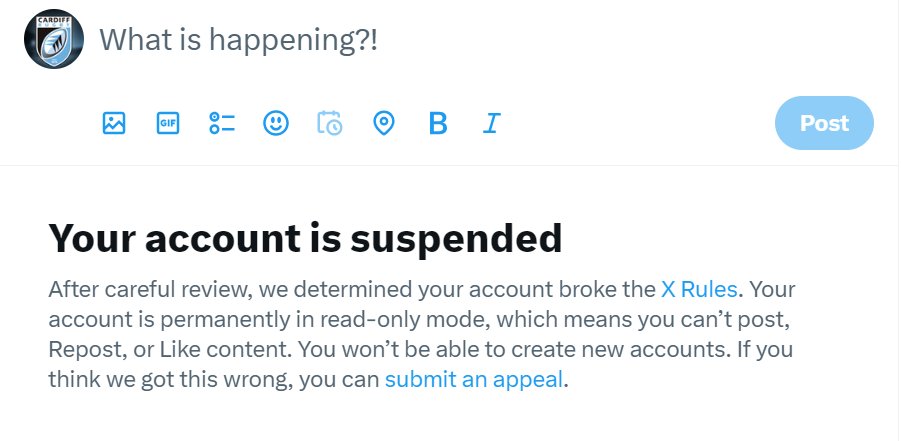 Not what you wanted midway through a cup final weekend! Your main social media channel that's verified and paid for being suspended with no explanation or reason! Cheers @elonmusk butt #TheBIGCardiffRugbyCupWeekend