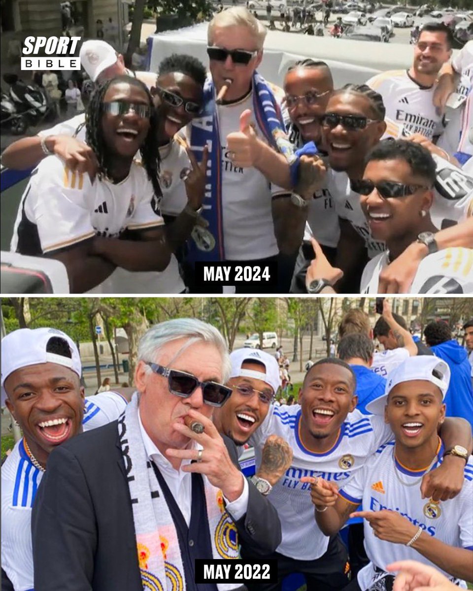 Don Carlo recreated his iconic cigar photo with the Real Madrid squad 2 years on after another LaLiga title 🥶😎
