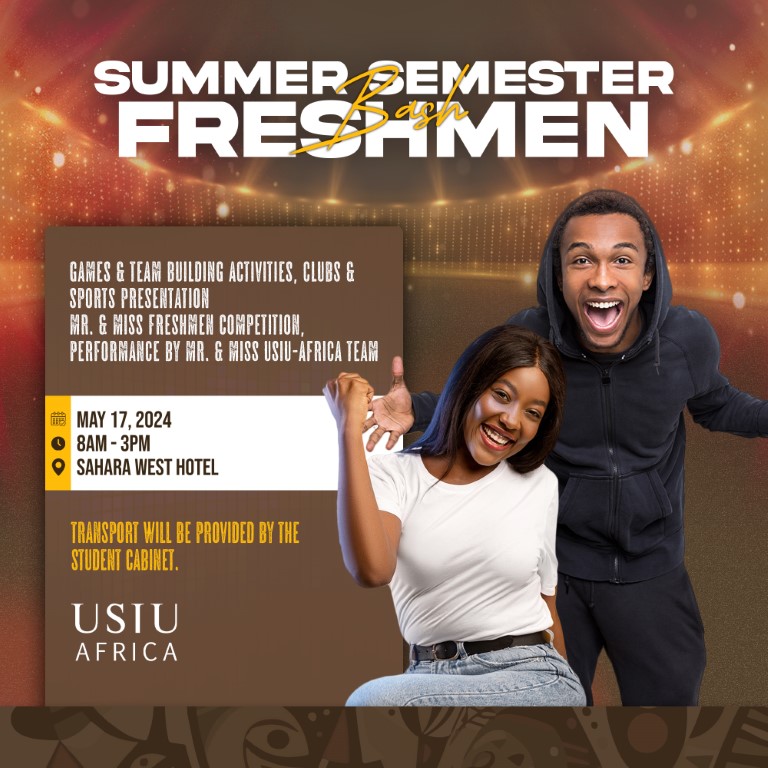 🎉 Calling all Freshmen! Are you ready to kick off your university journey in style? Join us at the SUMMER SEMESTER 2024 FRESHMEN BASH and let's dance, laugh, and create bonds that'll last a lifetime. 

Don't miss this epic kickoff event to dive into the vibrant USIU-Africa…