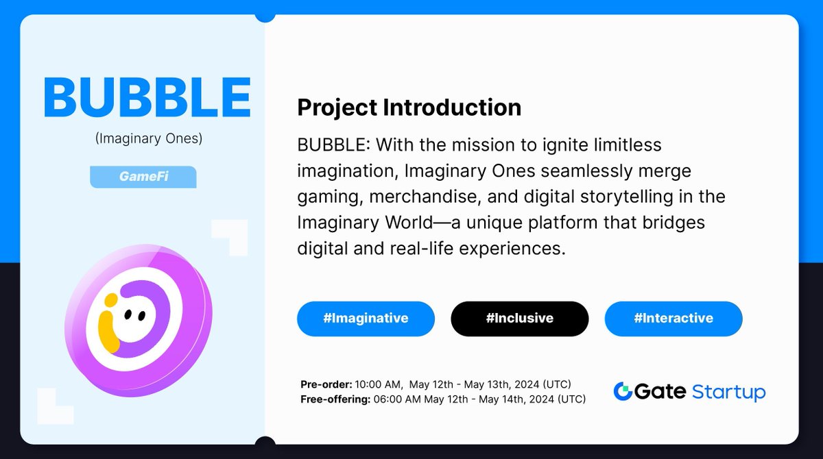 🗂️StartupArchive: $BUBBLE @Imaginary_Ones

A unique platform that bridges digital and real-life experiences.

💡Category: #GameFi
💡Keywords: #Imaginative, #Inclusive, #Interactive

Learn More: 
gate.io/startup/1486
gate.io/article/36501

#GateioStartup #BUBBLE