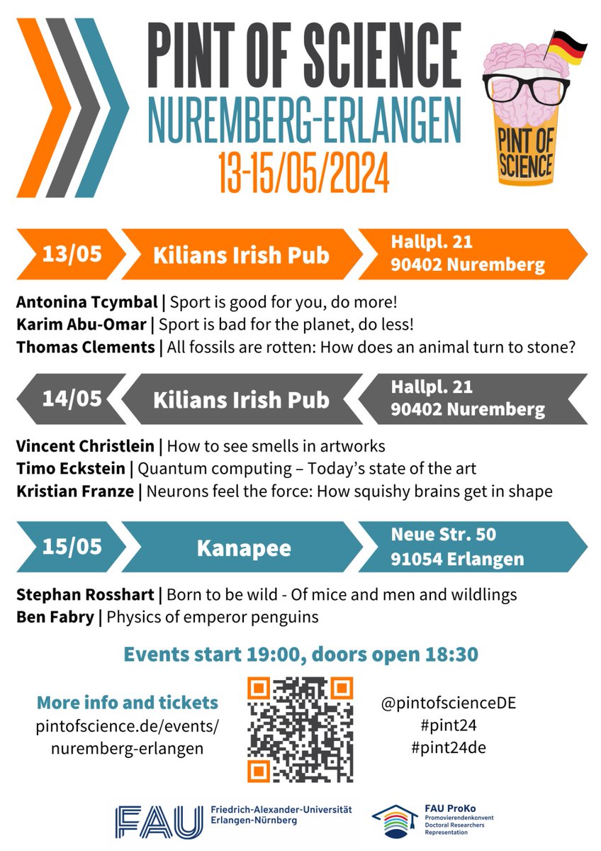 Last minute call to all science fans in #nuremberg and #erlangen - wanna enjoy some 🍺 and 🔬 next week? There are still Pint of Science tickets left for Tuesday and Wednesday! Get them at pintofscience.de/events/nurembe…! @pintofscienceDE #pint24de #wisskomm