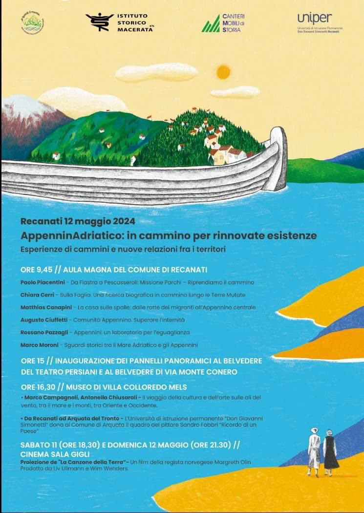 COMUNITA’ APPENNINO A RECANATI
APPENNINOADRIATICO: ESPERIENZE DI CAMMINI E NUOVE RELAZIONI FRA I TERRITORI, RECANATI 12 MAGGIO

Si presenta il libro COMUNITA’ APPENNINO. SUPERARE L’INTERNITA’ L’evento ospiterà uno degli autori, Augusto Ciuffetti, docente e storico dell’economa.