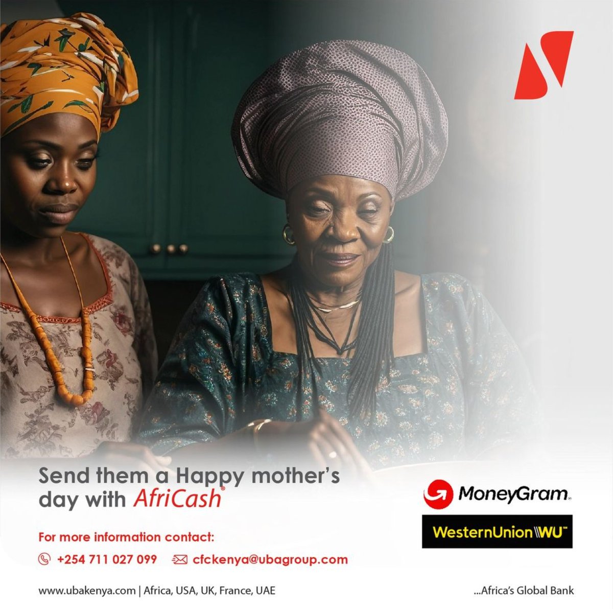 Show your appreciation for your mother this Mother's Day with a heartfelt gesture. Surprise her by sending money through AfriCash, UBA's hassle-free money transfer service. Visit your nearest UBA branch to make her day truly special.
#mothersday
#africasglobalbank 
#ubakenya