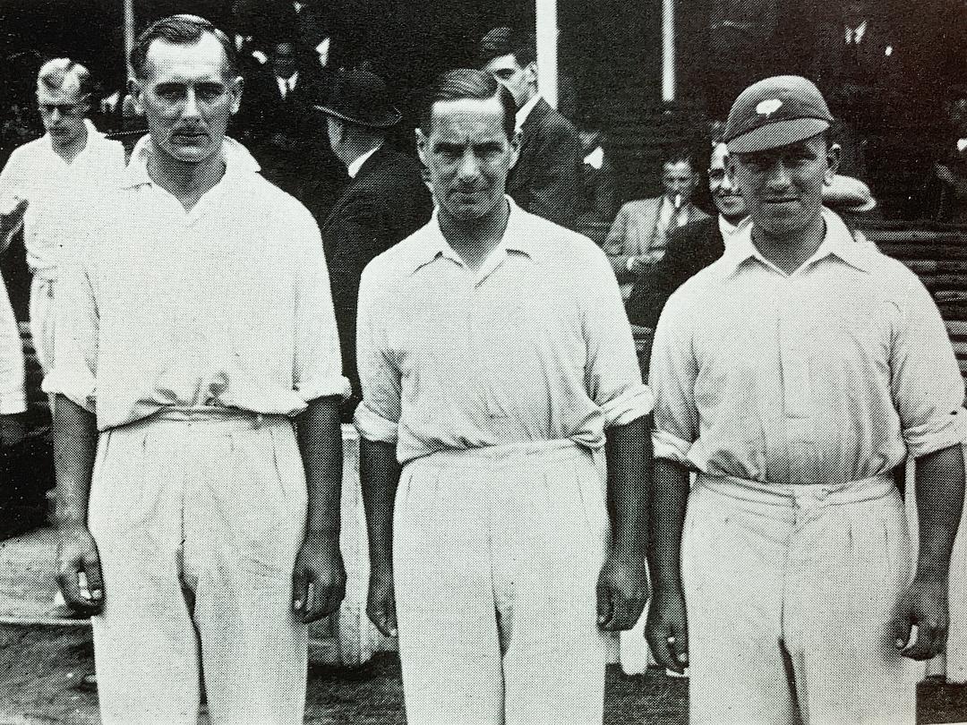 Hedley Verity, Herbert Sutcliffe and Maurice Leyland don't look particularly comfortable here - they're probably wondering why, unlike Bill Bowes, they came out of the pavilion first